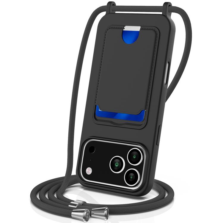 For iPhone 17 Pro Integrated Card Bag Solid Color Liquid Silicone Phone Case with Lanyard(Black)