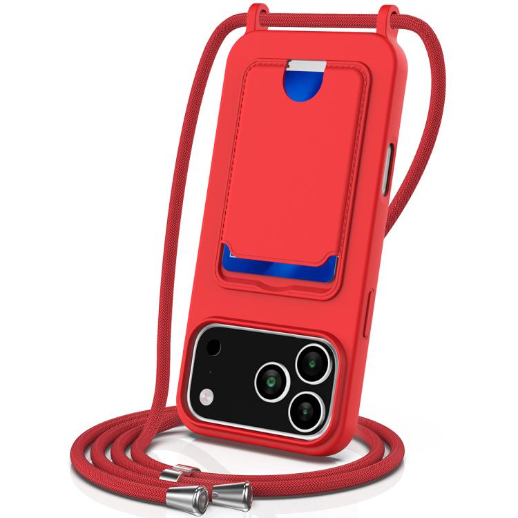 For iPhone 17 Pro Integrated Card Bag Solid Color Liquid Silicone Phone Case with Lanyard(Red)