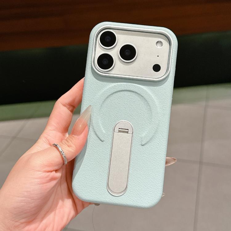 For iPhone 17 Pro Invisible Holder PC + Vegan Leather Magnetic Phone Case(Light Blue)