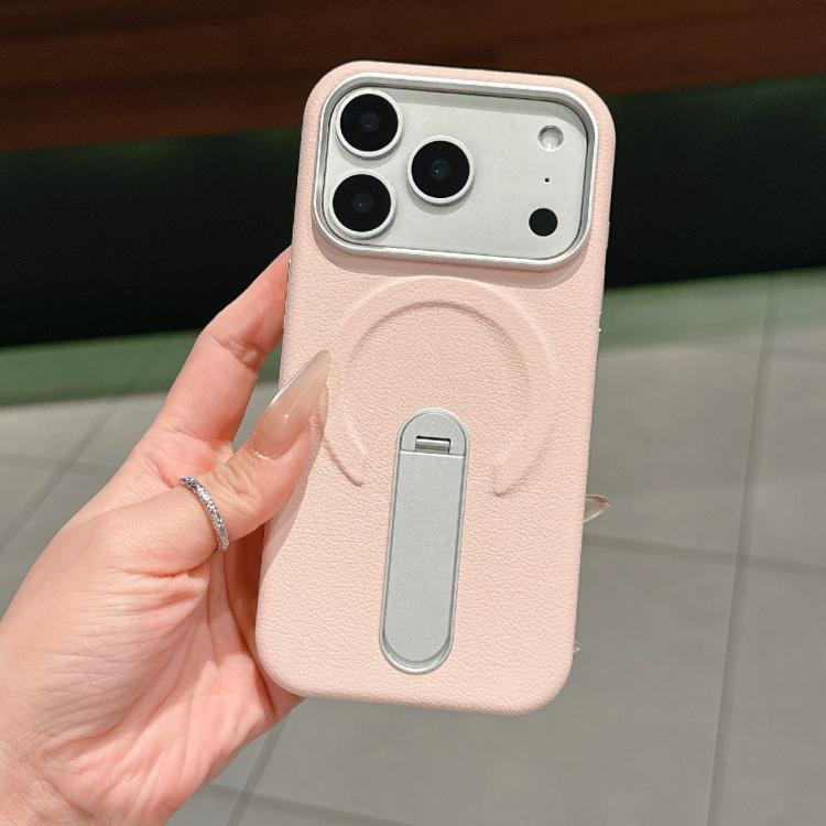 For iPhone 17 Pro Invisible Holder PC + Vegan Leather Magnetic Phone Case(Pink)