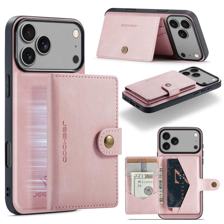 For iPhone 17 Pro JEEHOOD J01 Retro Magnetic Detachable Wallet Phone Case(Pink)