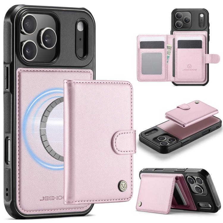 For iPhone 17 Pro JEEHOOD J09 Buckle Card Bag MagSafe Magnetic Style RFID Leather Phone Case(Pink)