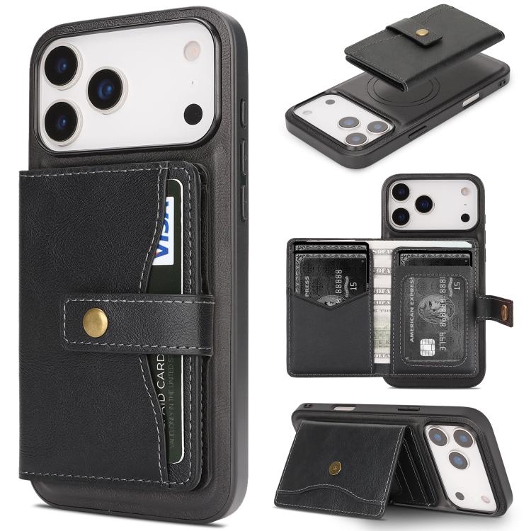 For iPhone 17 Pro Kalebol Magnetic Button Card Bag MagSafe Ring Leather Phone Case(Black)