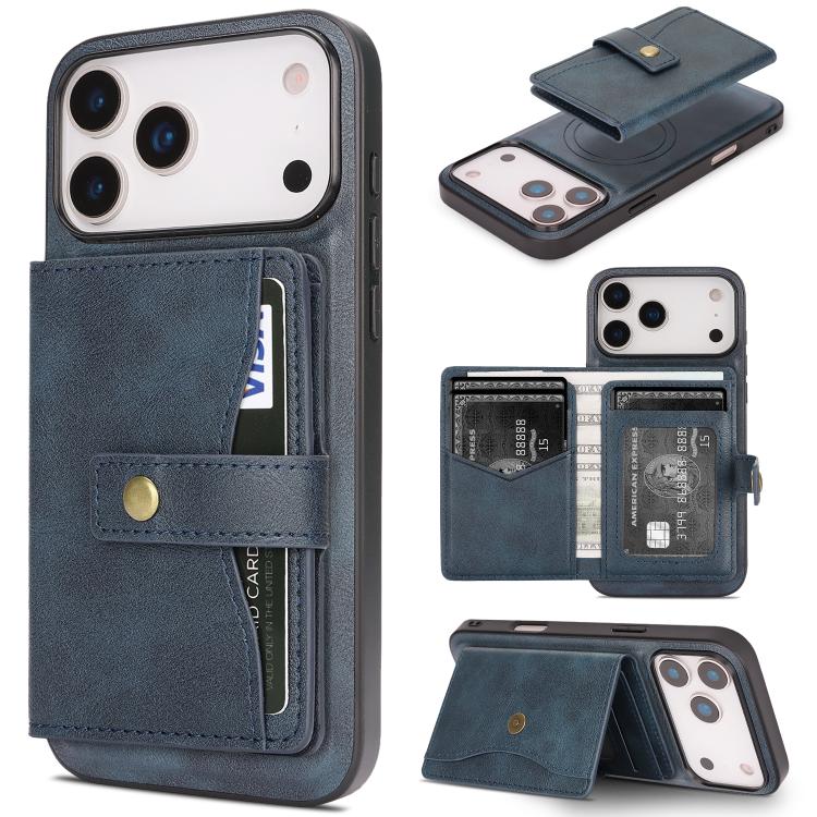 For iPhone 17 Pro Kalebol Magnetic Button Card Bag MagSafe Ring Leather Phone Case(Blue)