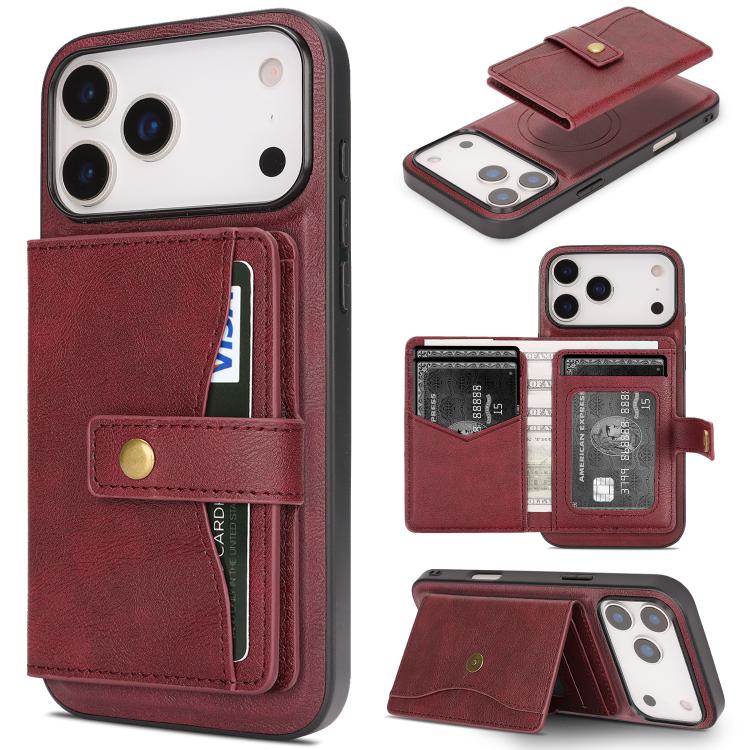 For iPhone 17 Pro Kalebol Magnetic Button Card Bag MagSafe Ring Leather Phone Case(Red)