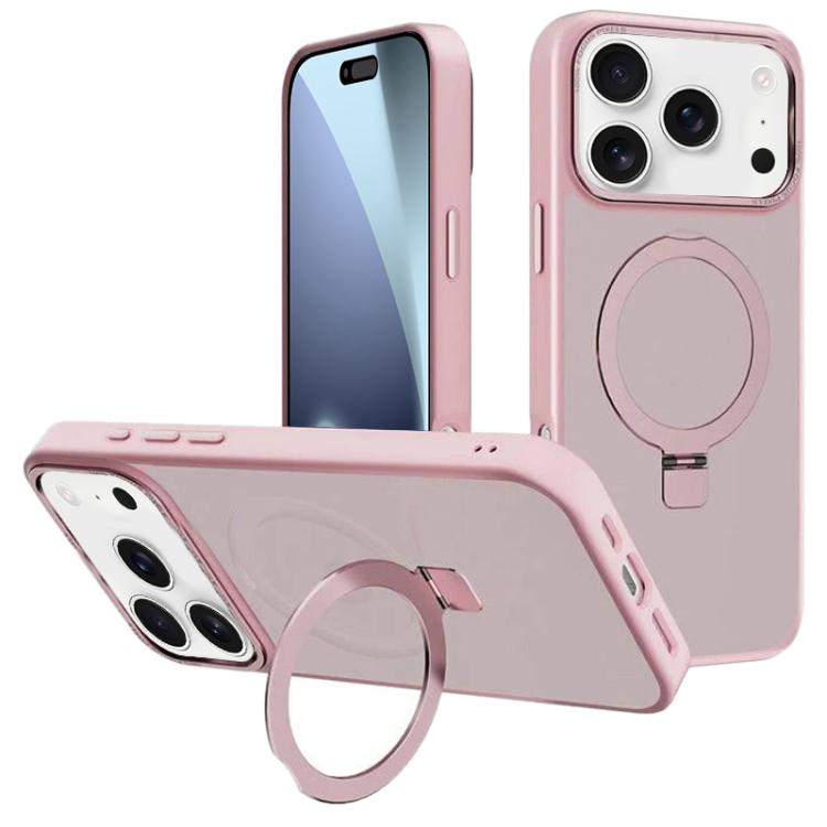 For iPhone 17 Pro Kalebol Metal Lens Frame MagSafe Holder Frosted PC Phone Case(Pink)