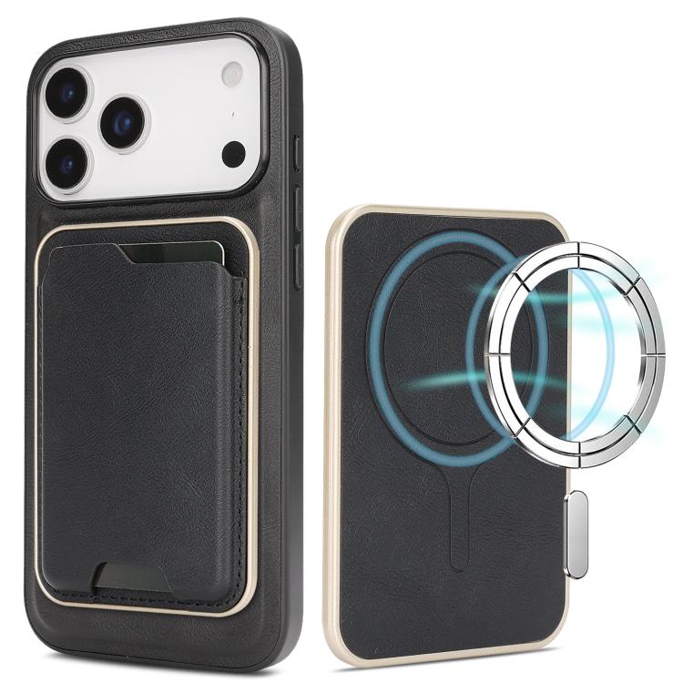 For iPhone 17 Pro Kalebol Slim MagSafe Ring Magnetic Card Bag Leather Phone Case(Black)