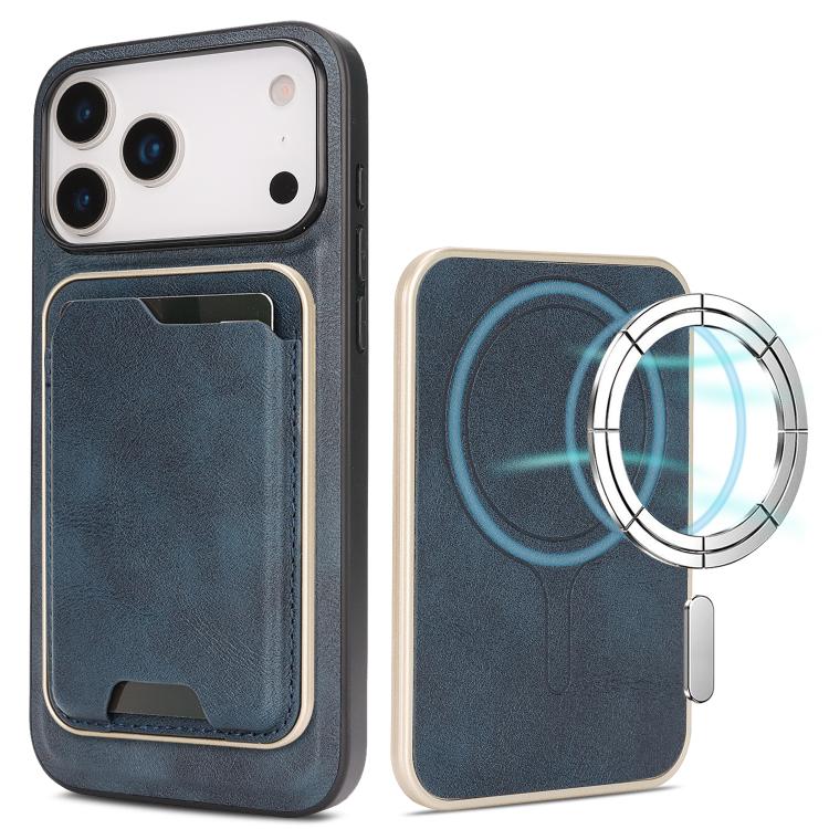 For iPhone 17 Pro Kalebol Slim MagSafe Ring Magnetic Card Bag Leather Phone Case(Blue)