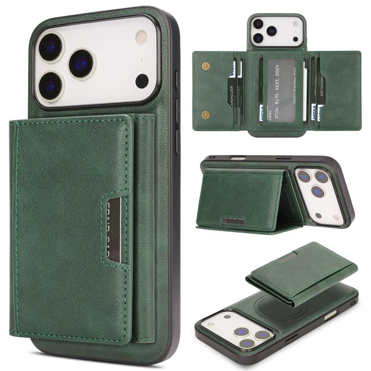 For iPhone 17 Pro Kalebol Strong Magnetic MagSafe Tri-Fold Wallet Leather Phone Case(Green)