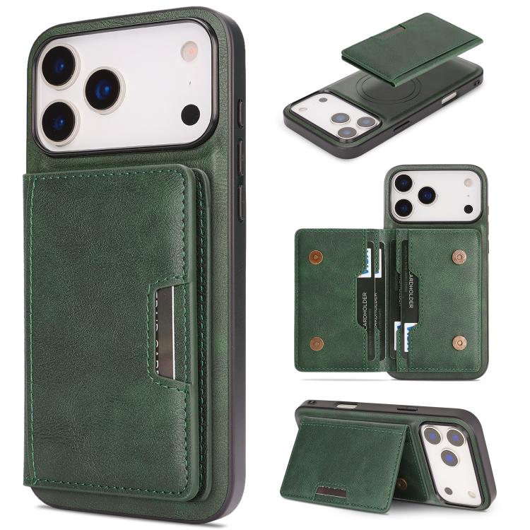 For iPhone 17 Pro Kalebol Strong MagSafe Magnetic Two-Fold Card Bag Leather Phone Case(Green)