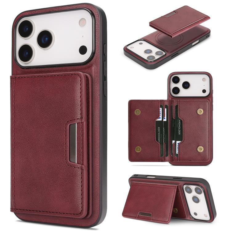 For iPhone 17 Pro Kalebol Strong MagSafe Magnetic Two-Fold Card Bag Leather Phone Case(Red)