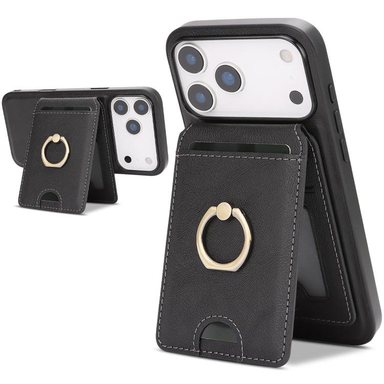 For iPhone 17 Pro Kalebol Strong MagSafe Ring Magnetic Card Bag Holder Leather Phone Case(Black)