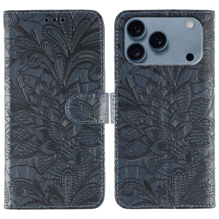 For iPhone 17 Pro Lace Flower Embossing Flip Leather Phone Case(Dark Blue)