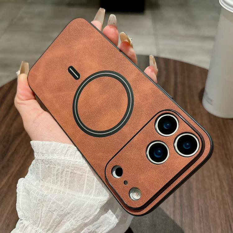 For iPhone 17 Pro Lambskin Faux Leather Magnetic Phone Case(Dark Brown)