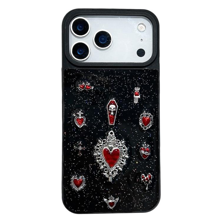 For iPhone 17 Pro Large Hole Camera Frame Dark-themed Heart Design Full Coverage Phone Case(Black)