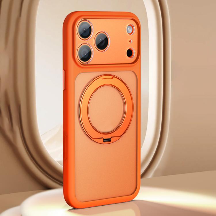For iPhone 17 Pro Large Hole Frosted Skin-Feel Magnetic Holder Phone Case with AI Shutter Button(Orange)