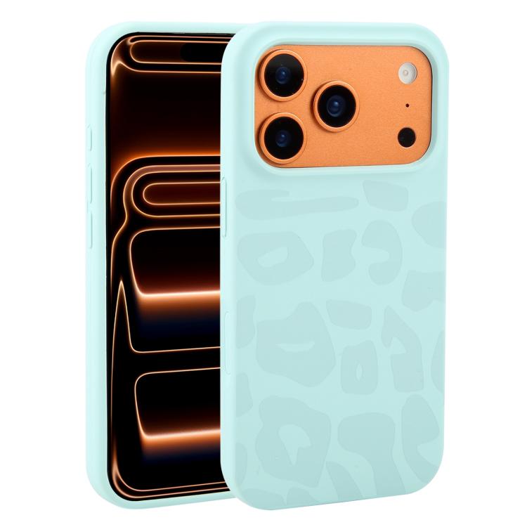 For iPhone 17 Pro Large Hole Leopard Print Liquid Silicone Phone Case(Light Cyan)