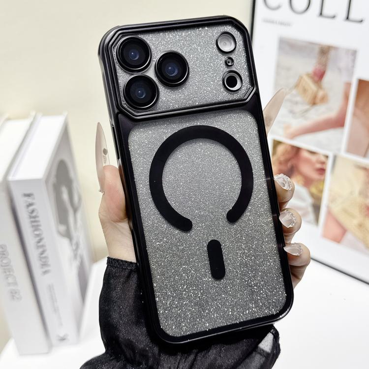 For iPhone 17 Pro Large Window Glitter Gradient Matte Electroplated TPU MagSafe Phone Case(Black)