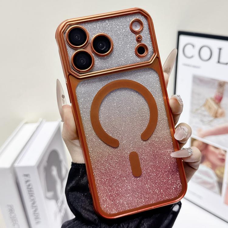 For iPhone 17 Pro Large Window Glitter Gradient Matte Electroplated TPU MagSafe Phone Case(Orange)