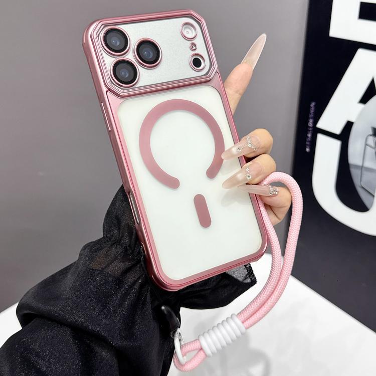 For iPhone 17 Pro Large Window Matte Electroplated TPU MagSafe Phone Case with Hand Strap(Pink)