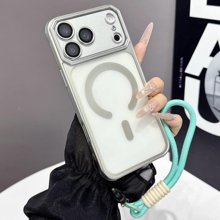 For iPhone 17 Pro Large Window Matte Electroplated TPU MagSafe Phone Case with Hand Strap(Silver)
