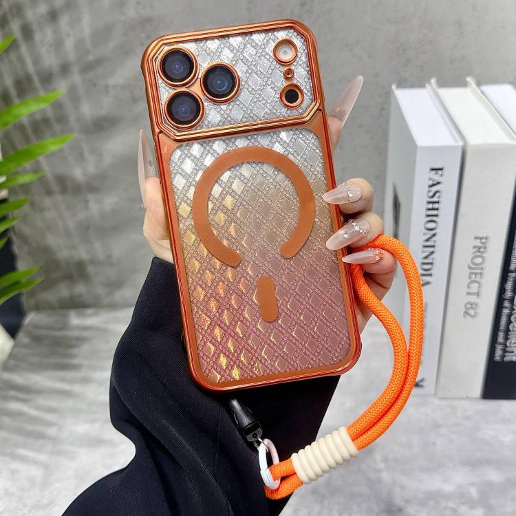 For iPhone 17 Pro Large Window Rhombus Gradient Matte Electroplated TPU MagSafe Phone Case with Hand Strap(Orange)