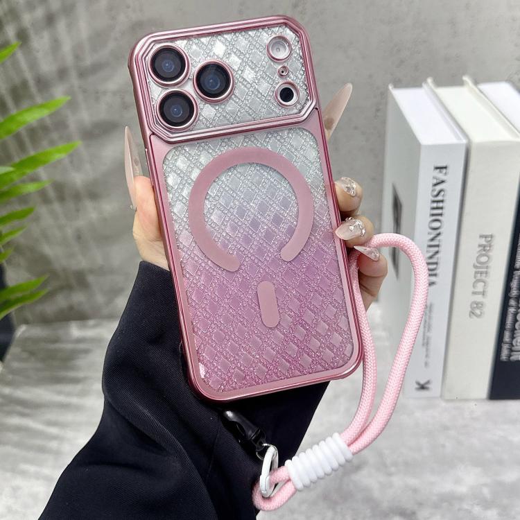 For iPhone 17 Pro Large Window Rhombus Gradient Matte Electroplated TPU MagSafe Phone Case with Hand Strap(Pink)
