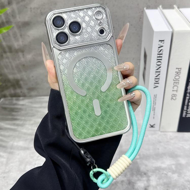 For iPhone 17 Pro Large Window Rhombus Gradient Matte Electroplated TPU MagSafe Phone Case with Hand Strap(Silver)