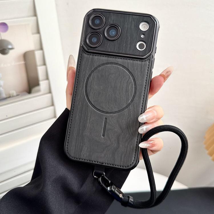 For iPhone 17 Pro Large Window TPU Electroplated Wood Grain PU MagSafe Phone Case with Lens Film & Strap(Black)