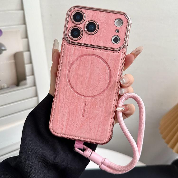 For iPhone 17 Pro Large Window TPU Electroplated Wood Grain PU MagSafe Phone Case with Lens Film & Strap(Pink)