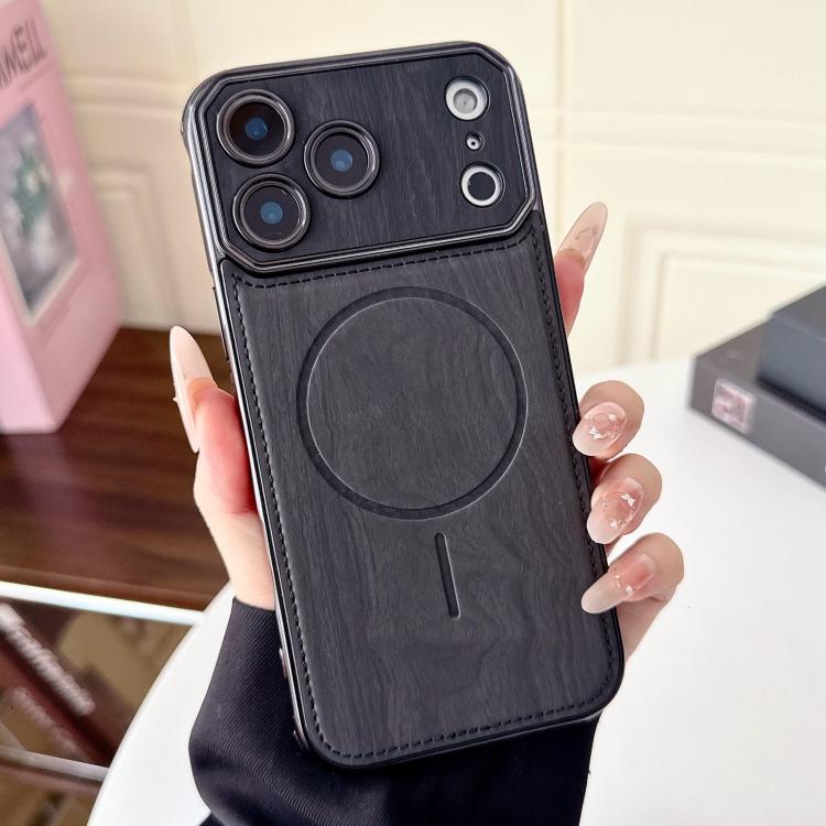 For iPhone 17 Pro Large Window TPU Electroplated Wood Grain PU MagSafe Phone Case with Lens Film(Black)