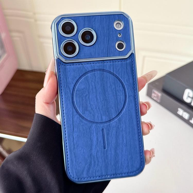 For iPhone 17 Pro Large Window TPU Electroplated Wood Grain PU MagSafe Phone Case with Lens Film(Blue)