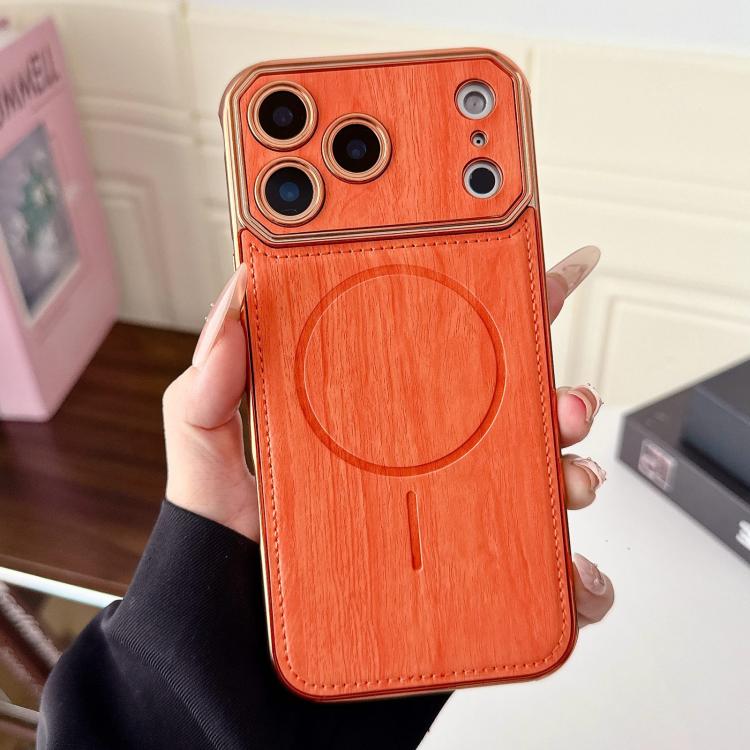 For iPhone 17 Pro Large Window TPU Electroplated Wood Grain PU MagSafe Phone Case with Lens Film(Orange)