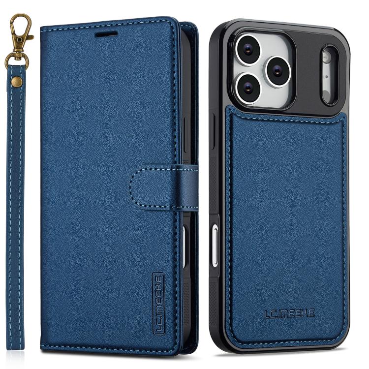 For iPhone 17 Pro LC.IMEEKE L2 Series Detachable Magsafe PU Phone Case with Lanyard(Blue)