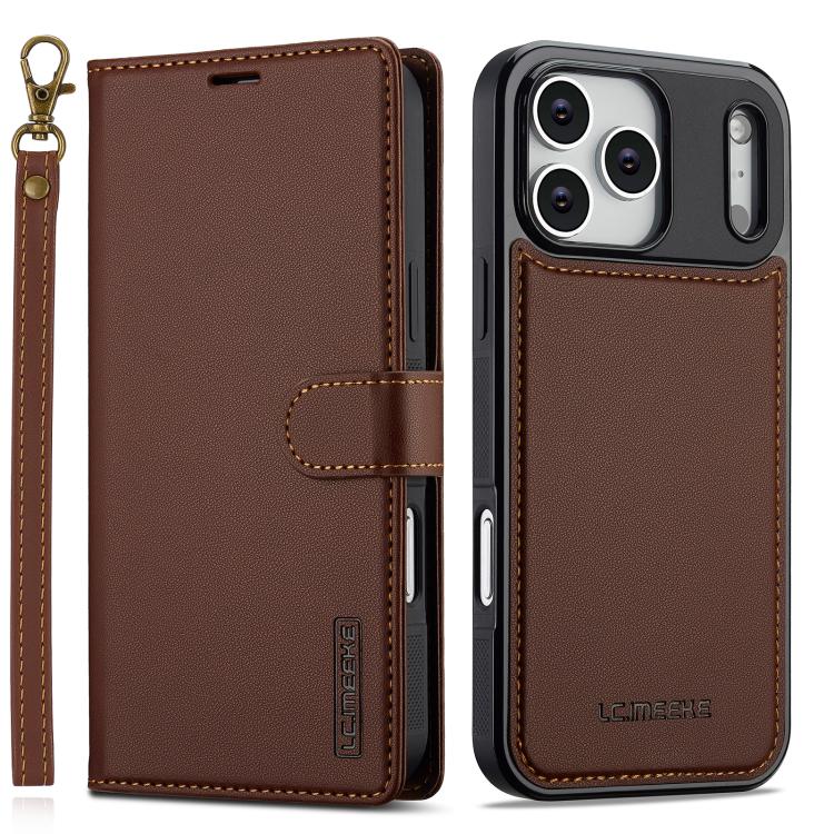 For iPhone 17 Pro LC.IMEEKE L2 Series Detachable Magsafe PU Phone Case with Lanyard(Brown)