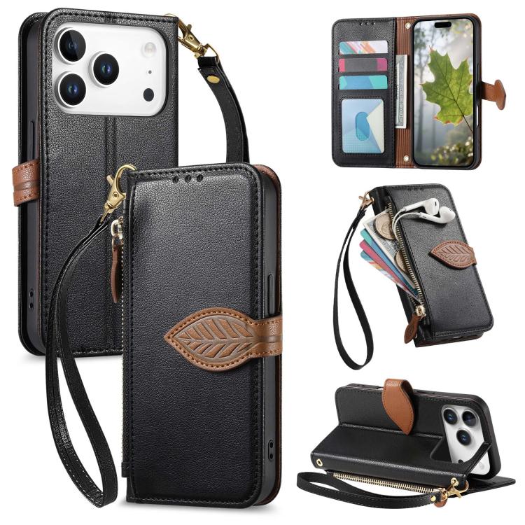 For iPhone 17 Pro Leaf Buckle Zipper Wallet Leather Phone Case with Strap(Black)