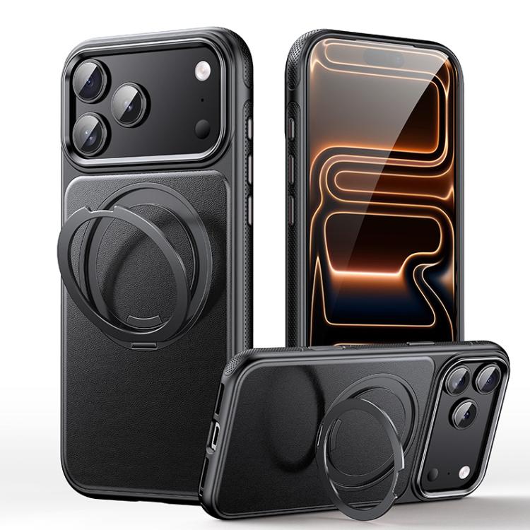 For iPhone 17 Pro Leather Texture 360 Degrees Rotating Magnetic Holder Phone Case(Black)