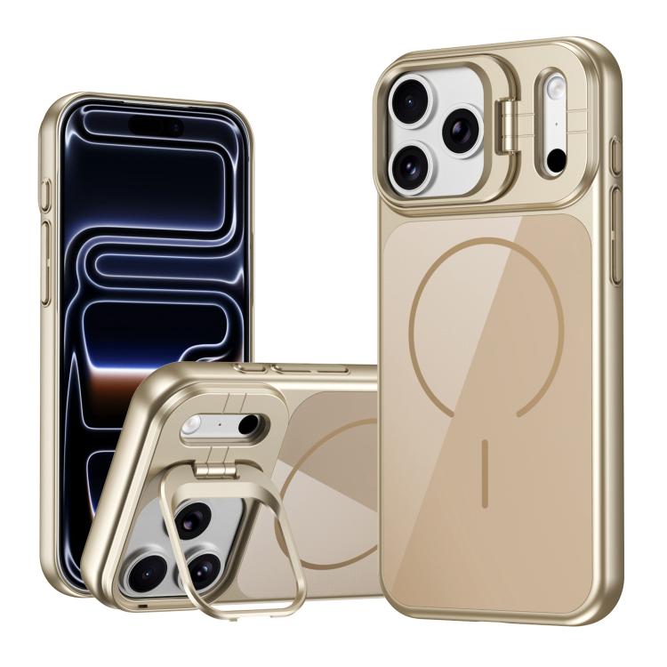 For iPhone 17 Pro Lens Frame Stand Glass Thin Circle Magnetic Phone Case(Desert Gold)