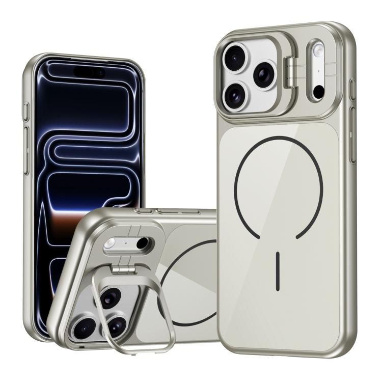 For iPhone 17 Pro Lens Frame Stand Glass Thin Circle Magnetic Phone Case(Silver)