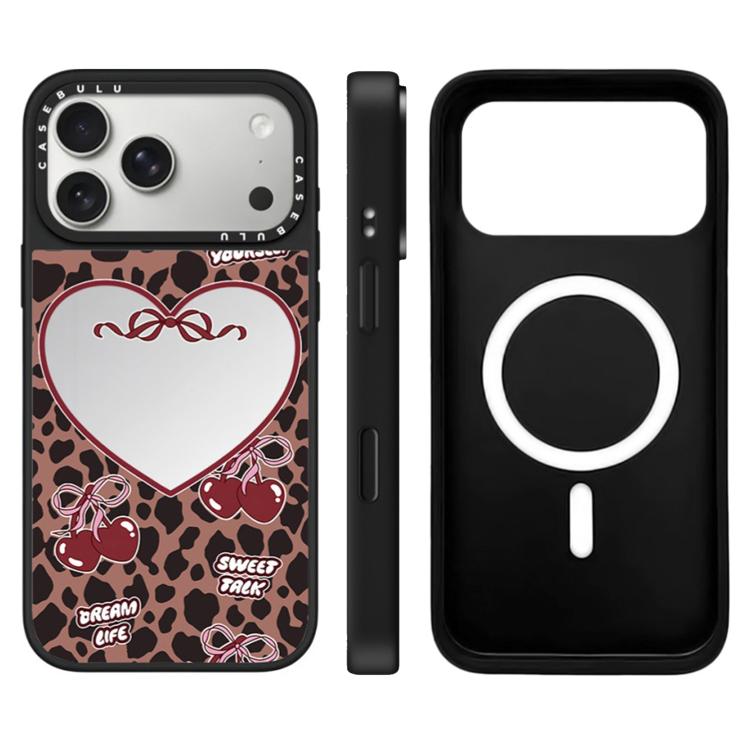 For iPhone 17 Pro Leopard Cherry Series Pattern Camera Control Button Mirror Magnetic Phone Case(Cherry Leopard)