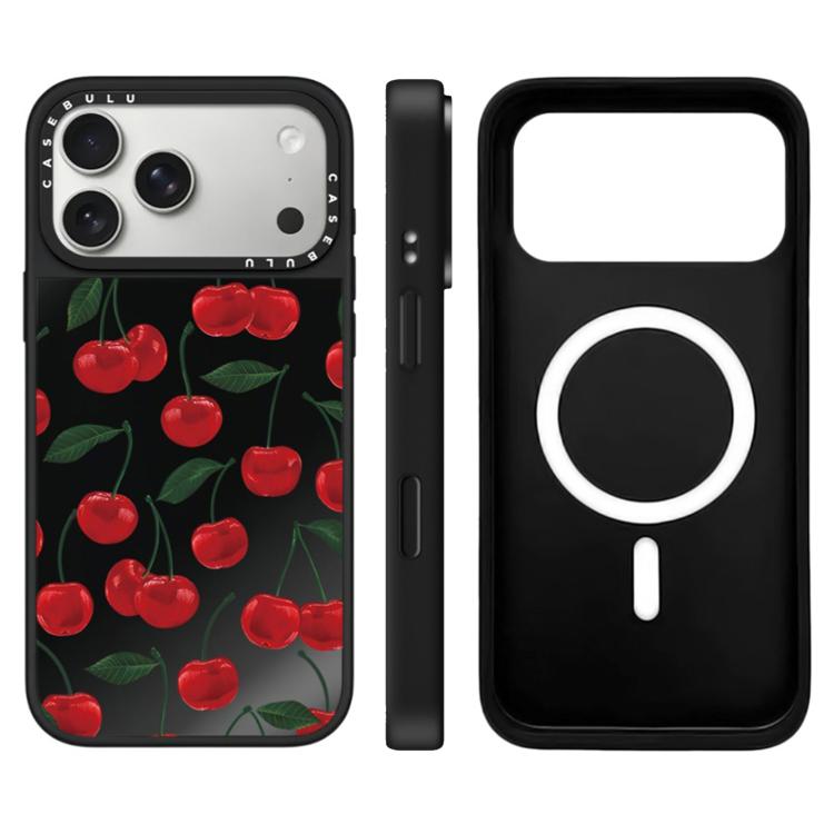 For iPhone 17 Pro Leopard Cherry Series Pattern Camera Control Button Mirror Magnetic Phone Case(Cherrys with Leaves)