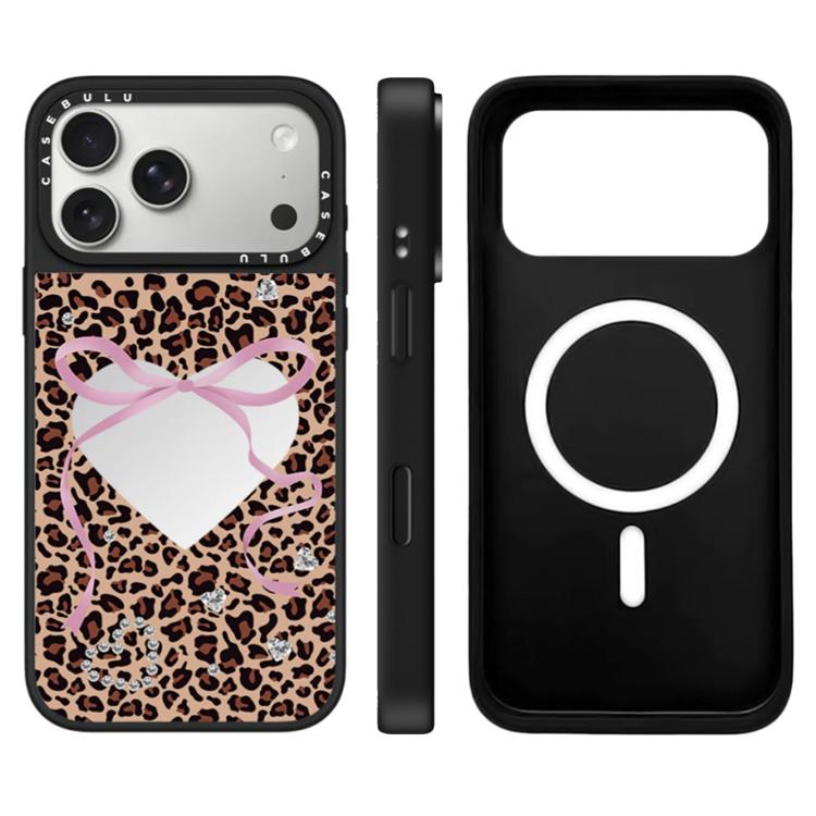 For iPhone 17 Pro Leopard Cherry Series Pattern Camera Control Button Mirror Magnetic Phone Case(Heart Leopard)