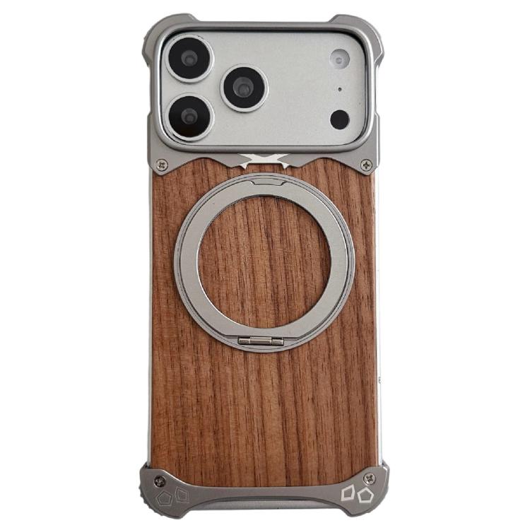 For iPhone 17 Pro Leopard Walnut Wood Metal Frameless 360 Rotation Holder Magnetic Phone Case(Titanium Color)