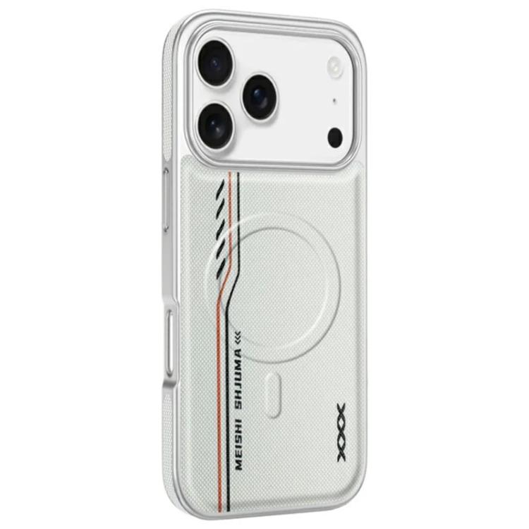For iPhone 17 Pro Line Print Diamond Texture Magnetic Vegan Leather Phone Case(White)