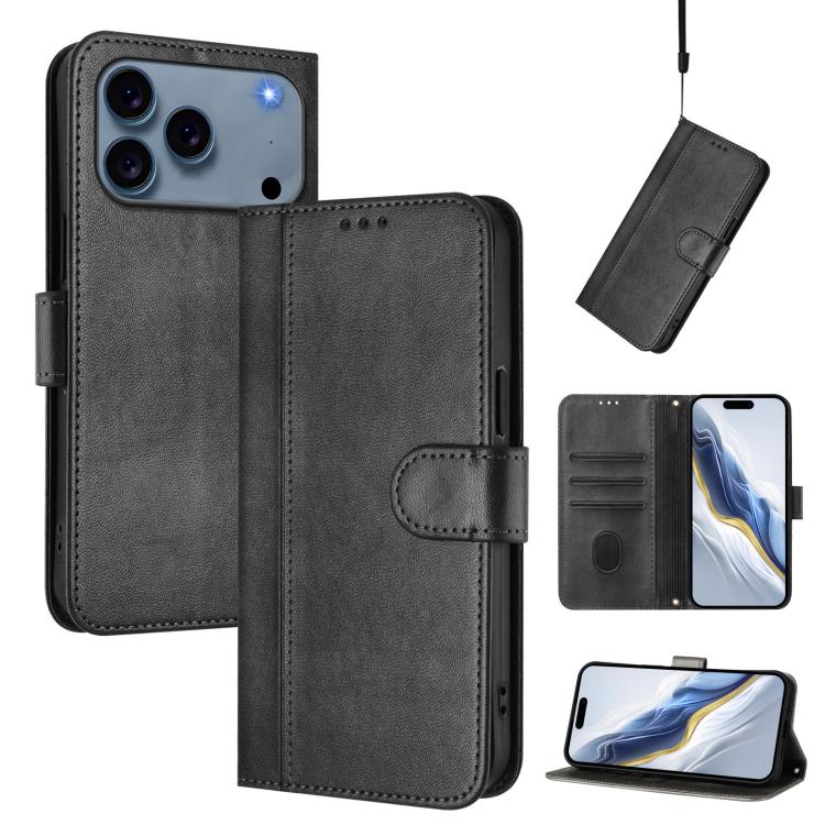 For iPhone 17 Pro Line Splicing Buckle Retro Leather Phone Case(Black)