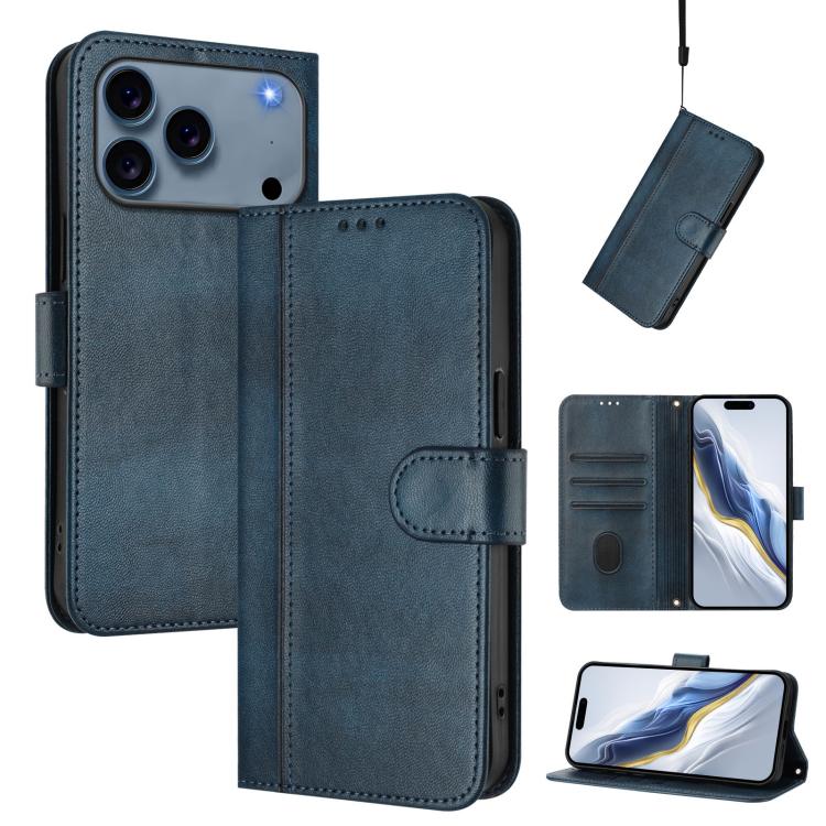 For iPhone 17 Pro Line Splicing Buckle Retro Leather Phone Case(Dark Blue)