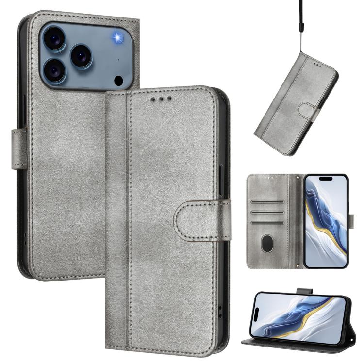 For iPhone 17 Pro Line Splicing Buckle Retro Leather Phone Case(Grey)
