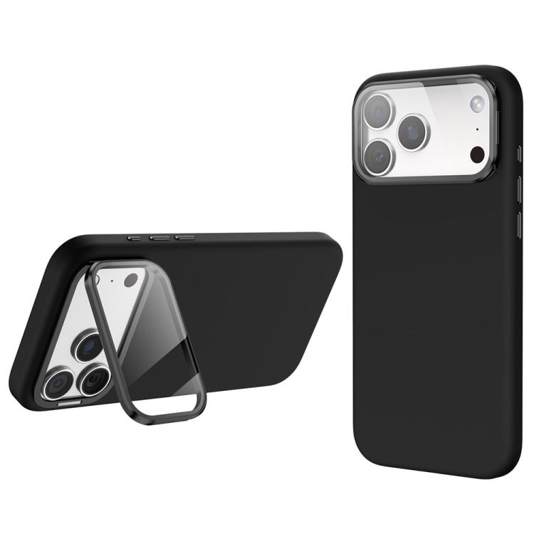 For iPhone 17 Pro Liquid Silicone Magnetic Shockproof Phone Case with Lens Cover Kickstand(Black)