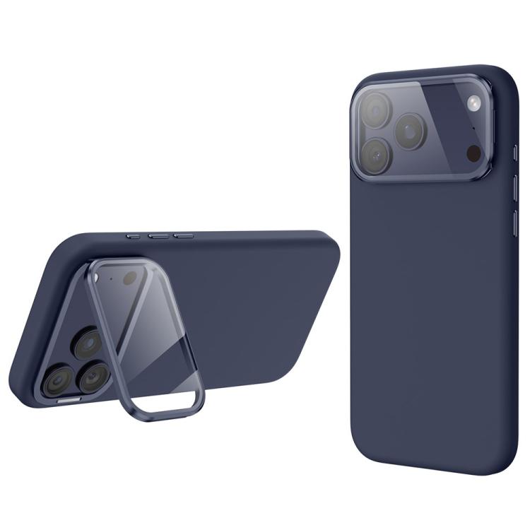 For iPhone 17 Pro Liquid Silicone Magnetic Shockproof Phone Case with Lens Cover Kickstand(Blue)