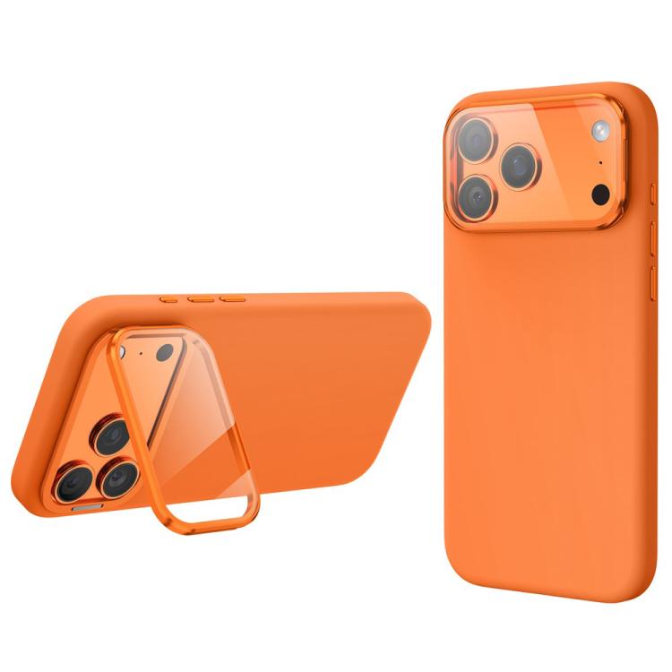 For iPhone 17 Pro Liquid Silicone Magnetic Shockproof Phone Case with Lens Cover Kickstand(Orange)